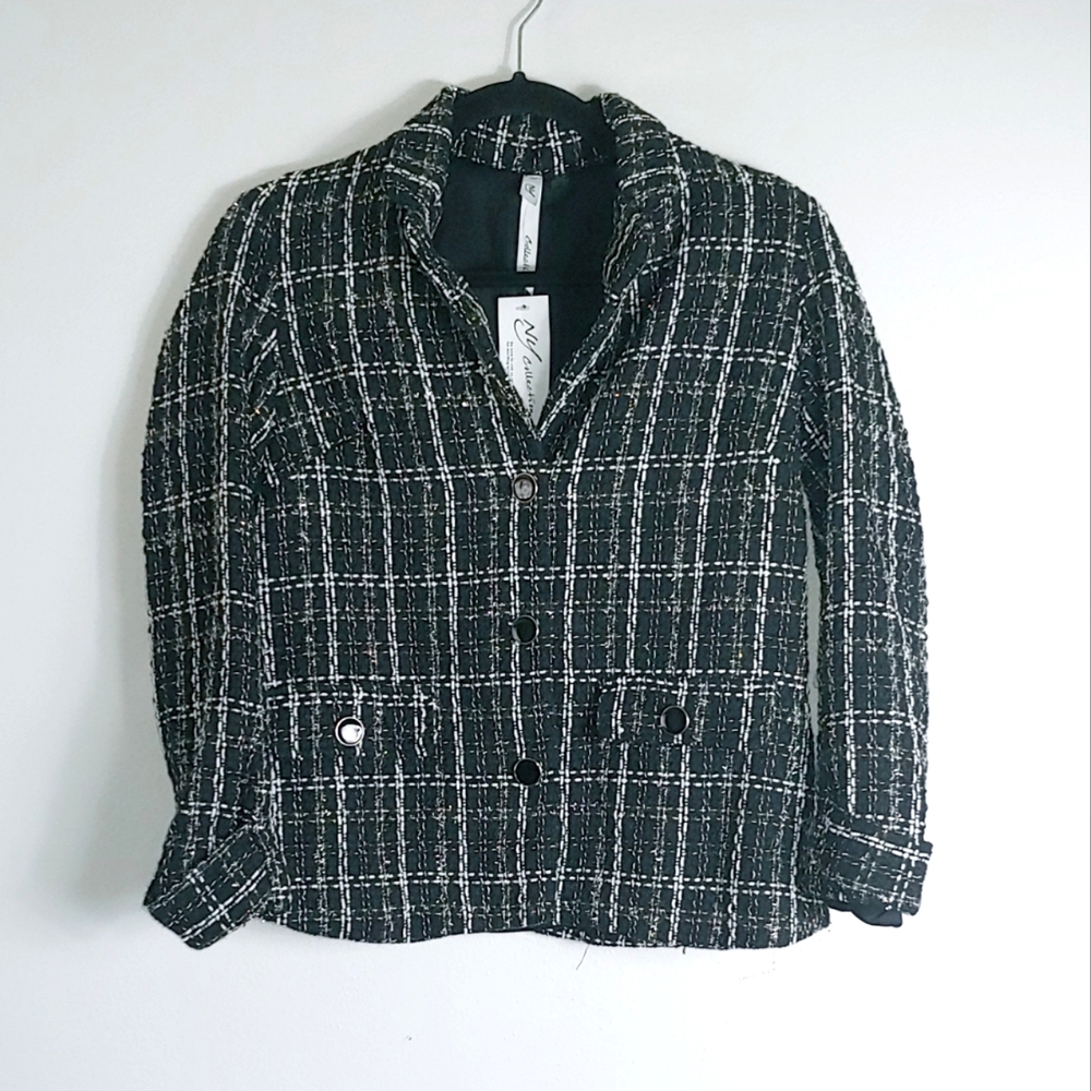 PM NWT NY Collection Black Tweed Button Front Jacket